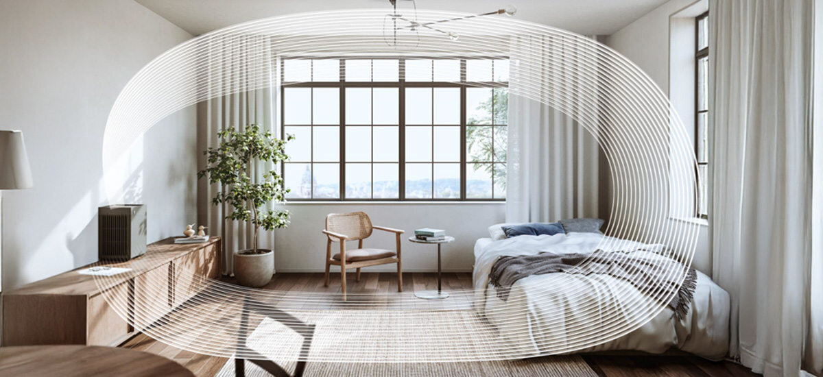 Oczyszczacz powietrza SHARP FP-S42EU-L Efekt Coanda skuteczna cyrkulacja powietrza kieruje strumień wzdłuż sufitu dolnych partii pomieszczenia kurz i zanieczyszczenia jony Plasmacluster czyste powietrze wolne ponowne osiadanie zanieczyszczeń