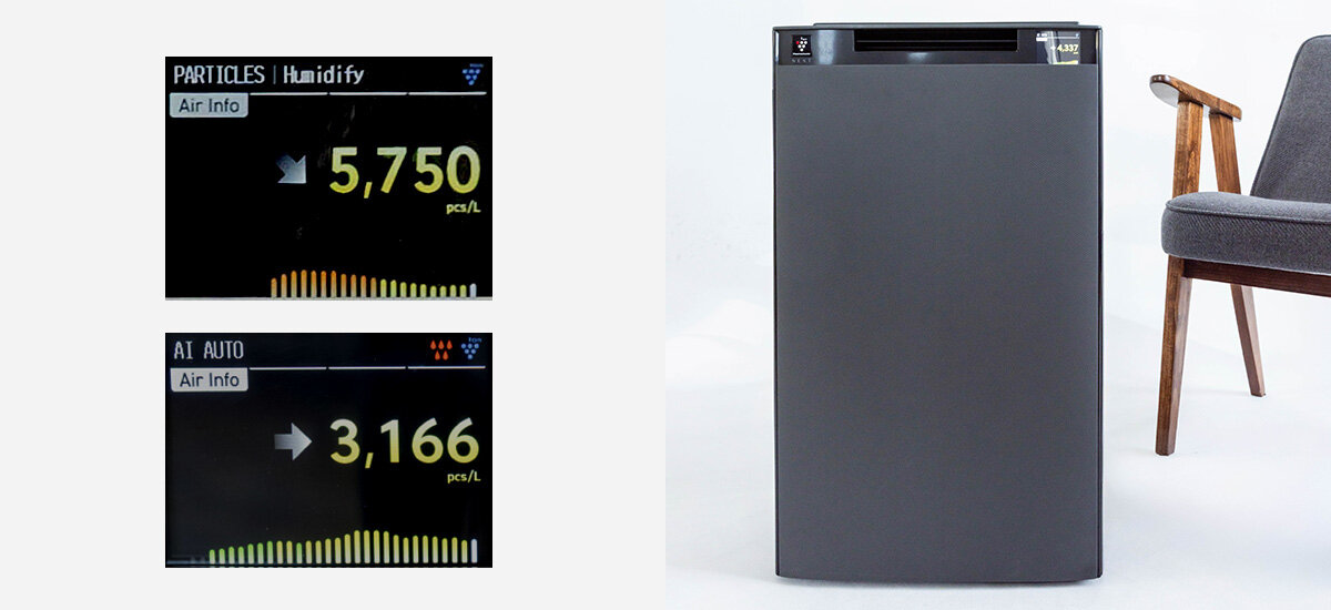 Oczyszczacz powietrza SHARP KI-TX100EU-H Wyświetlacz LCD  kontrola Duży i czytelny wyświetlacz LCD norma ISO14644-1:2015  Graficzne animacje ułatwiają odczyt danych  automatyczna regulacja jasności
