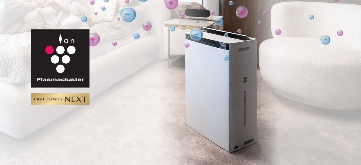 Oczyszczacz powietrza SHARP KI-TX75EU-W skuteczna jonizacja do 50 000 jonów dodatnich i ujemnych na cm³ bakterie, wirusy, alergeny i zarodniki pleśni ograniczać nieprzyjemne zapachy i cząstki osiadające na tkaninach