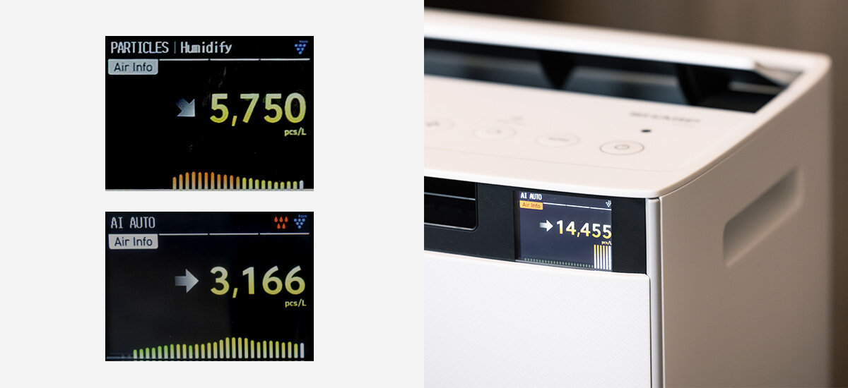 Oczyszczacz powietrza SHARP KI-TX75EU-W czytelny Wyświetlacz LCD informacja jakość powietrza cząsteczki wielkość jasny i precyzyjny obraz stanu powietrza zgodny z normami ISO dane