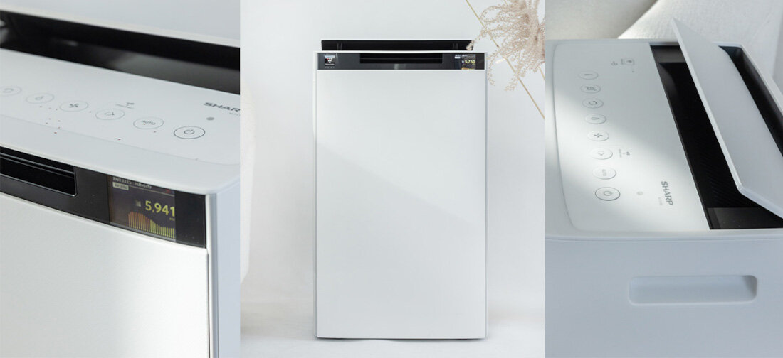 Oczyszczacz powietrza SHARP KI-TX100EU-W mobilność i ekologia  stonowana kolorystyka i minimalistyczny design Wbudowane kółka z wysokiej jakości materiałów podkreśla ekologiczne podejście producenta recykling