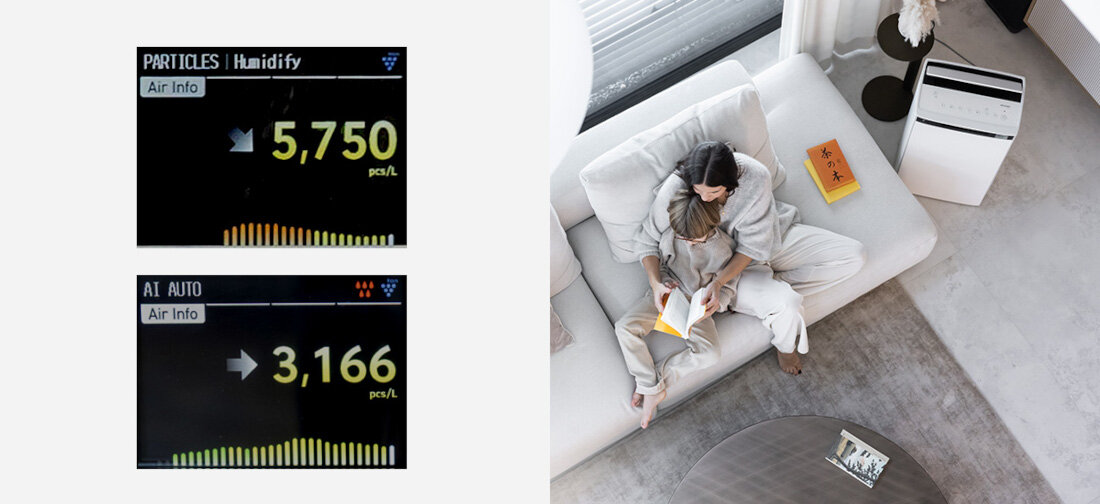 Oczyszczacz powietrza SHARP KI-TX100EU-W Wyświetlacz LCD  wyposażony w czytelny wyświetlacz LCD liczba wielkość stężenie precyaj informacja wilgotność, temperaturę, zużycie filtrów, aktywność jonizacji, tryb wentylatora  poziom wody w zbiorniku Podświetlenie dostosowanie komfort wygoda