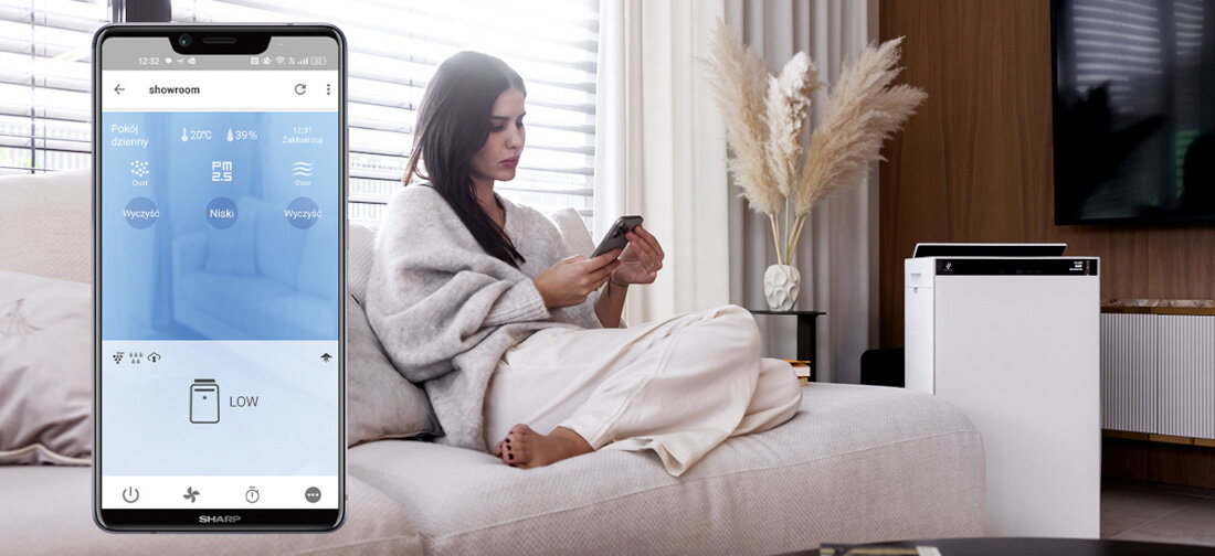 Oczyszczacz powietrza SHARP KI-TX100EU-W Sterowanie aplikacją z poziomu panelu, jak i aplikacji mobilnej czyste powietrze