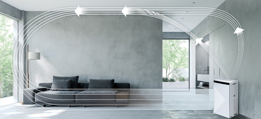 Oczyszczacz powietrza SHARP KI-TX100EU-W Czujniki, AI AUTO i Coanda Airflow inteligentne podejście do jakości powietrza zujniki monitorujące kurz, cząstki PM2.5, zapachy, temperaturę i wilgotność automatycznie dostosowuje tryb pracy w czasie rzeczywistym Funkcja AI AUTO Technologia Coanda Airflow pod kątem 20°