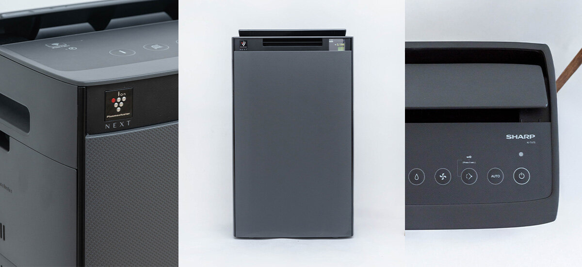 Oczyszczacz powietrza SHARP KI-TX75EU-H Mobilny design minimalistyczne wzrocnictwo Antracytowa kolorystyka solidne materiały Wbudowane kółka Zastosowanie materiałów z recyklingu środowisko