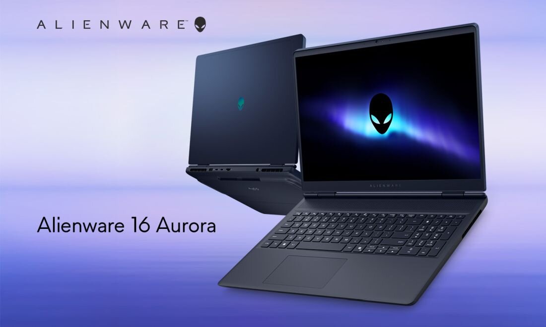 Laptop gamingowy Dell Alienware 16 Aurora z logo na ekranie na fioletowym tle gradientowym.  