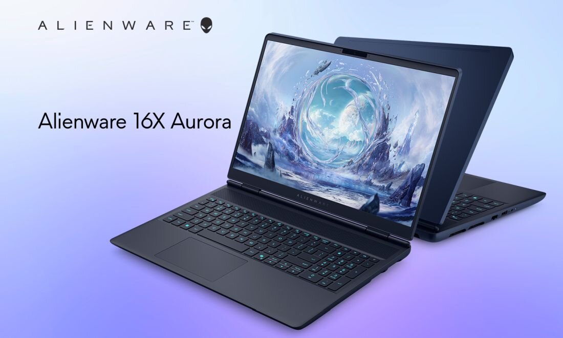 Dwa laptopy Alienware 16X Aurora na tle gradientu, widoczny ekran z grafiką science fiction.  