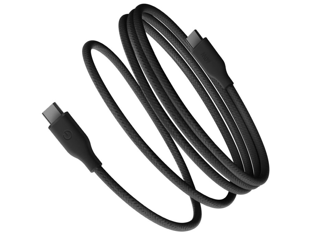 Czarny kabel USB-C do USB-C z plecionym oplotem, zakończony dwoma wtykami USB-C. Na jednym z końców widoczny jest symbol zasilania.