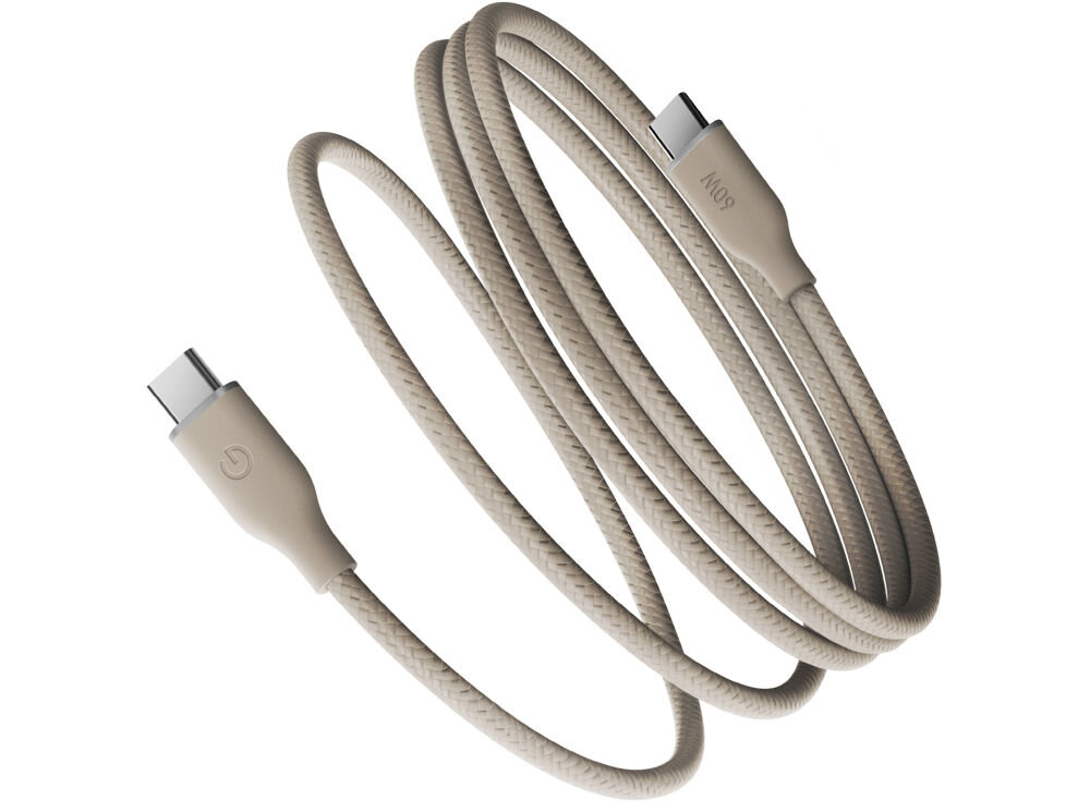 Beżowy kabel USB-C do USB-C z plecionym oplotem, posiada oznaczenie \'60W\' na jednym z końców. Kabel jest zwinięty w luźną pętlę.