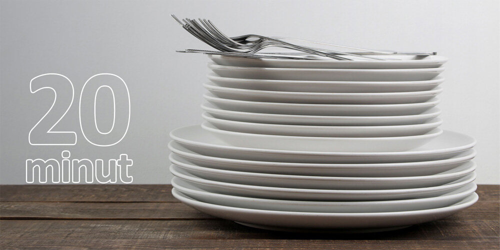 ZMYWARKA HAIER XF1C3TB1FW zdjęcie lifestyle białe telerze sztućce infografika Program szybki krótki czas 20 minut oszczędności czas energia