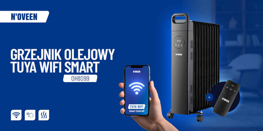 Grzejnik olejowy NOVEEN OH8099 Tuya Wi-Fi Smart wydajnosc tradycyjnego grzejnika olejowego technologia Smart wbudowany modul Wi-Fi aplikacja Tuya zdalne zarzadzanie parametrami elegancki design cicha praca komfortowe energooszczedne ogrzewanie