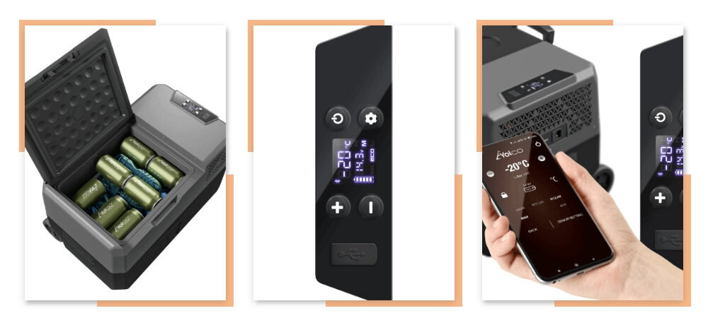 Lodowka YOLCO BX30 Carbon Panel sterowania z czytelnym ekranem nadajnik Bluetooth 5.0 aplikacja Yolco zalety polkrywa antyposlizgowa