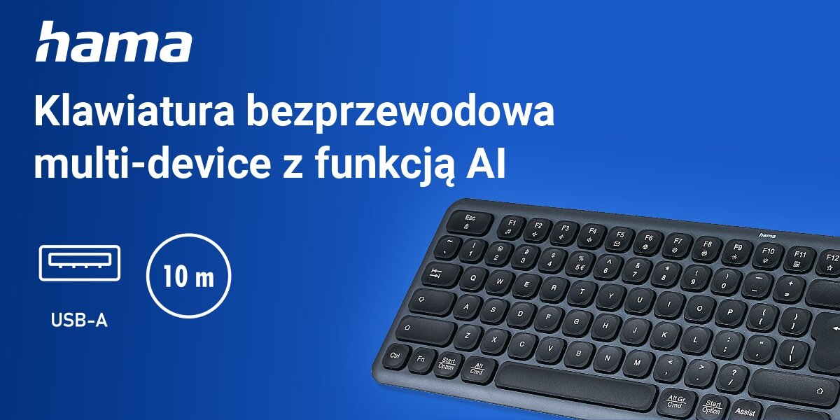 Klawiatura HAMA WK-550 Multi-Device Assist AI ergonomiczna klawiatura, niebieskie tło, produkt, logo producenta, ikona USB-A