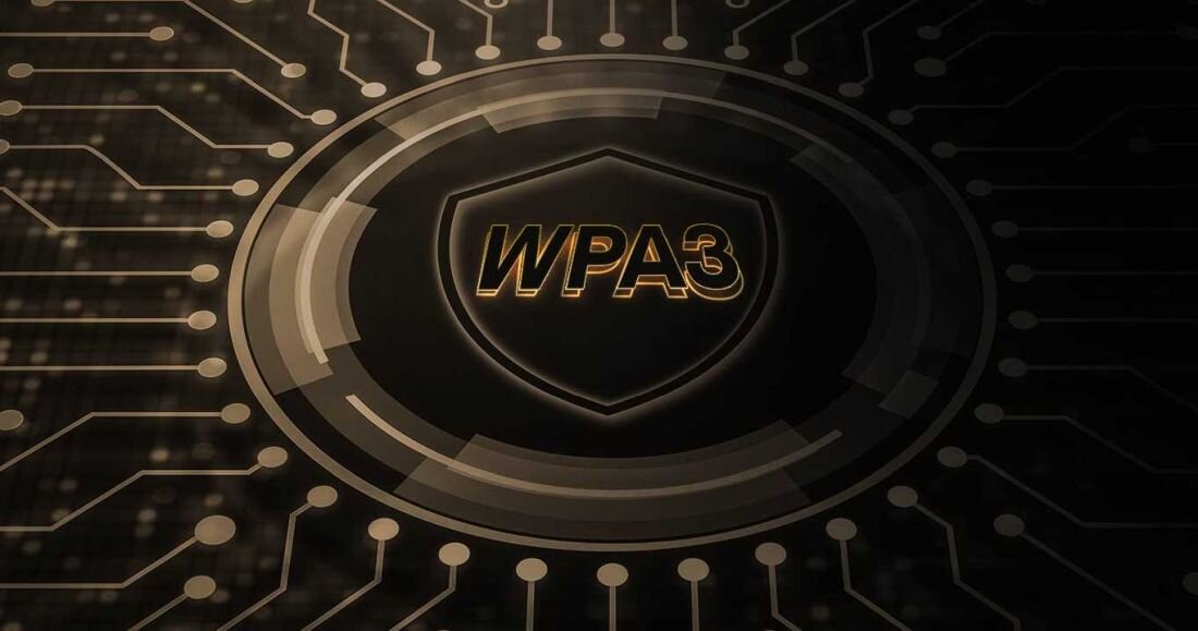 Obraz przedstawia stylizowany symbol tarczy z napisem \'WPA3\' na tle przypominającym obwody elektroniczne.