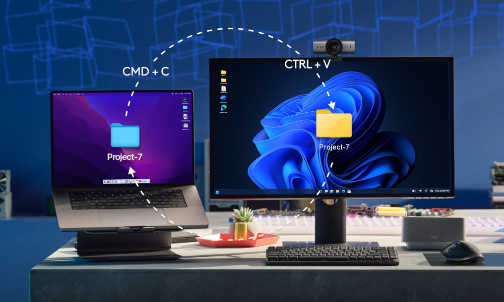 LOGITECH MX Master 3S SE MX Master 3S Bluetooth trzema urządzeniami jednocześnie jedno kliknięcie Windows, MacBook, tablet z iPadOS Linuxem - przesyłanie plików przez aplikację