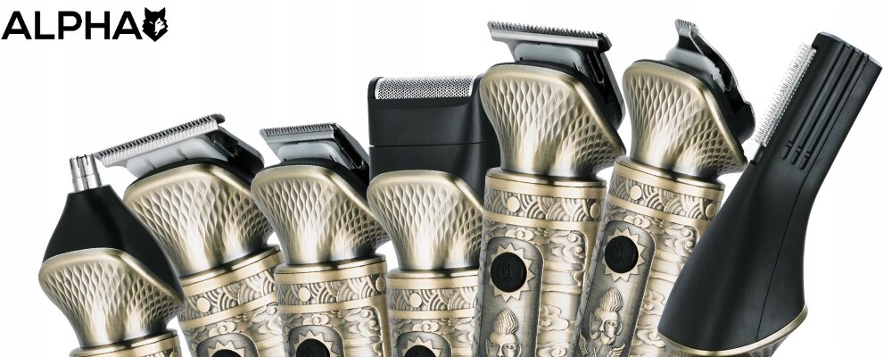 Golarka ALPHA ABS-02 Na sucho złota obudowa wzory różne głowice ostrza  białe tło Wymienne głowice do różnych potrzeb szerokie ostrze do skracania włosów precyzyjne ostrze do detali specjalistyczne końcówki do nosa i uszu dokładne podgalanie trudno dostępnych miejsc specjalna golarka usuwanie głosów na gładko wysoka jakość ostrzy płynne precyzyjne cięcie szybka wymiana nasadek prosta intuicyjna pielęgnacja 