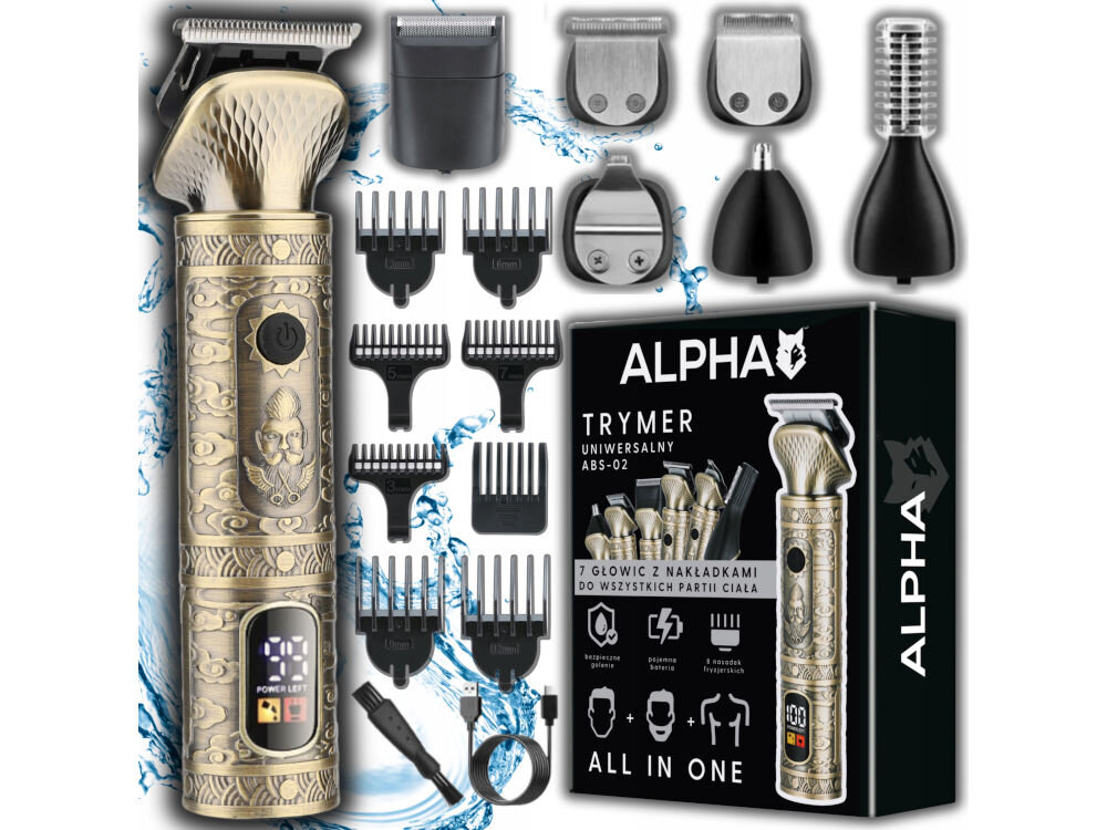 Golarka ALPHA ABS-02 Na sucho 8 nasadek grzebieniowych 7 x głowica kabel USB-A/USB-C szczoteczka do czyszczenia dokumentacja opakowanie białe tło 