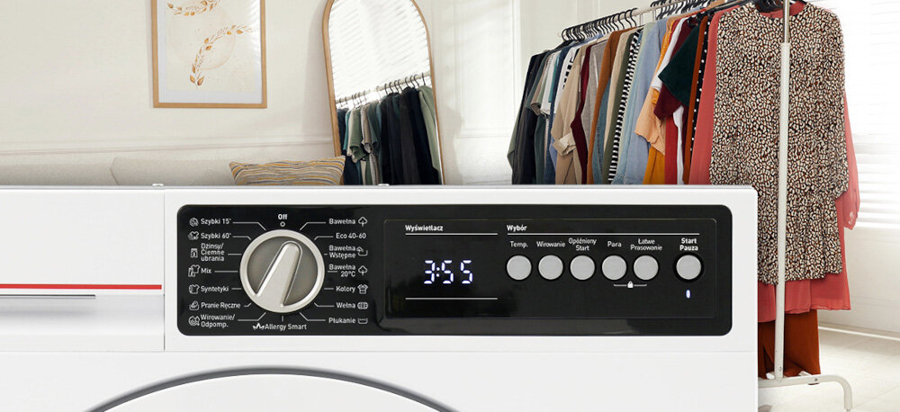 PRALKA SHARP ES-NIB714BWNA-PL wizualizacja lifestyle zbliżenie panel programy funkcje cykle przyciski pokrętło garderoba w tle ubrania 15 programów automatycznych 15 programów automatycznych intuicyjny panel sterowania superjet 15 szybkie odświeżanie ubrań pranie ręczne wełna delikatne tkaniny cotton eco 40-60 colours allergy smart dopasowanie cyklu do ubrań dłuższa świeżość ochrona tkanin wygodne pranie