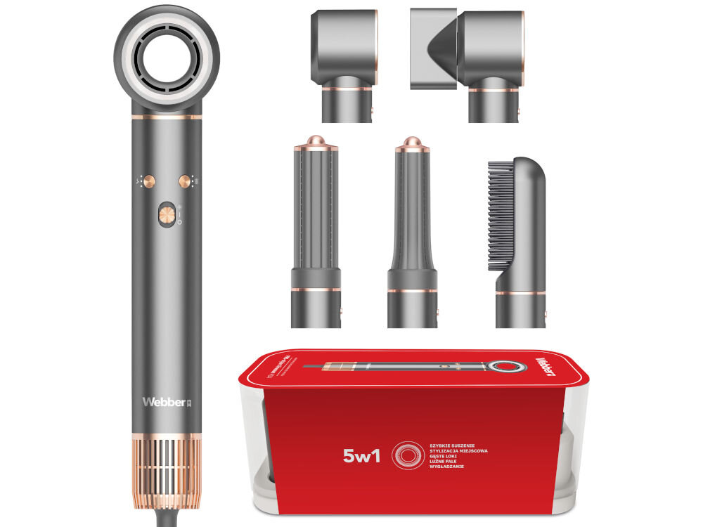 Suszarka WEBBER HD4 5w1 1300W dysza do wstępnego suszenia końcówka do wstępnej stylizacji szczotka do modelowania wąska cylindryczna końcówka do loków szeroka cylindryczna końcówka do loków pudełko torba podróżna dokumentacja