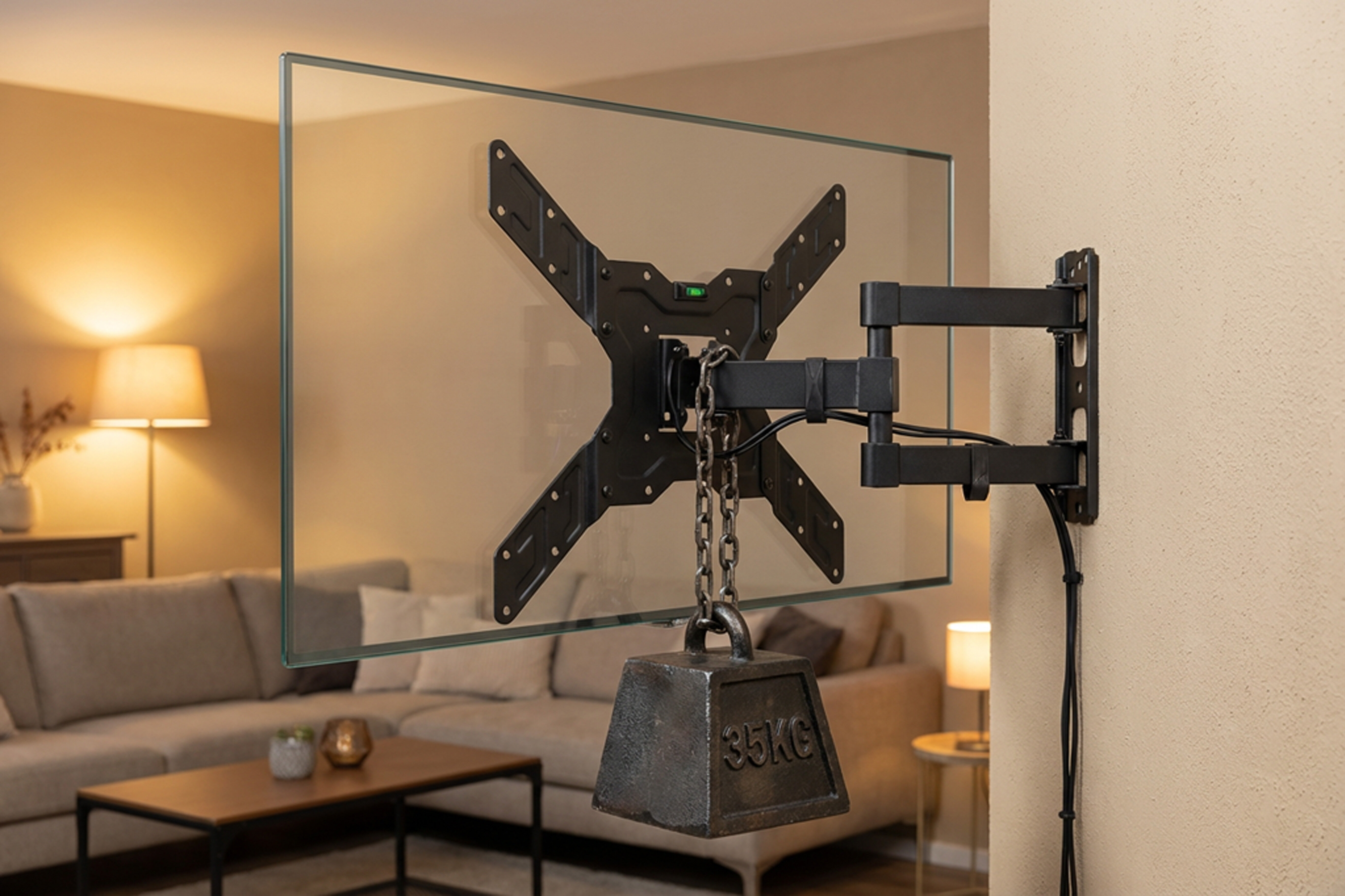 Uchwyt ścienny do telewizora z zamontowaną szybą i obciążeniem 35 kg, przymocowany do ściany w salonie. W tle widoczna jest sofa, stolik i lampa.
