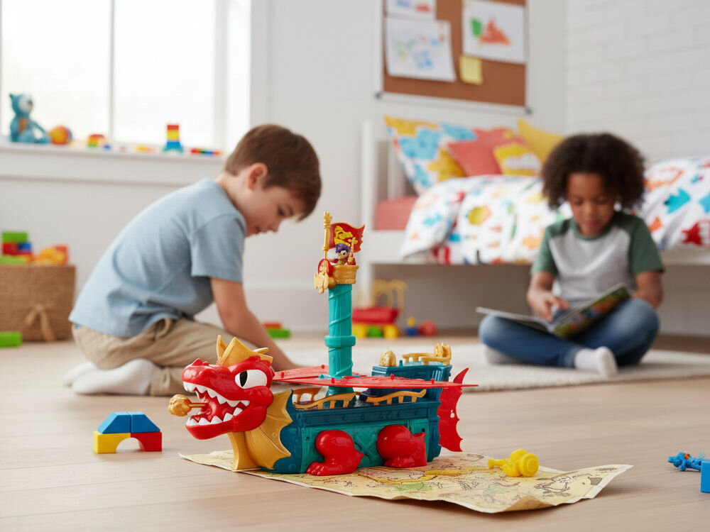 Zestaw figurek PIRATIX Adventure World S Dragon Ship PPXSP112IN30 Dwoje dzieci bawiących się na podłodze statkiem pirackim Dragon Ship z serii Piratix Adventure World.