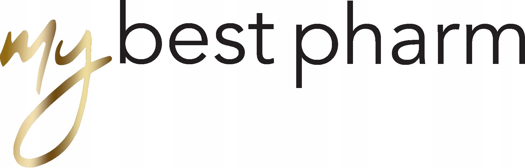 Logo z napisem \'my best pharm\', gdzie słowo \'my\' jest napisane kursywą w złotym kolorze, a reszta tekstu jest czarna.