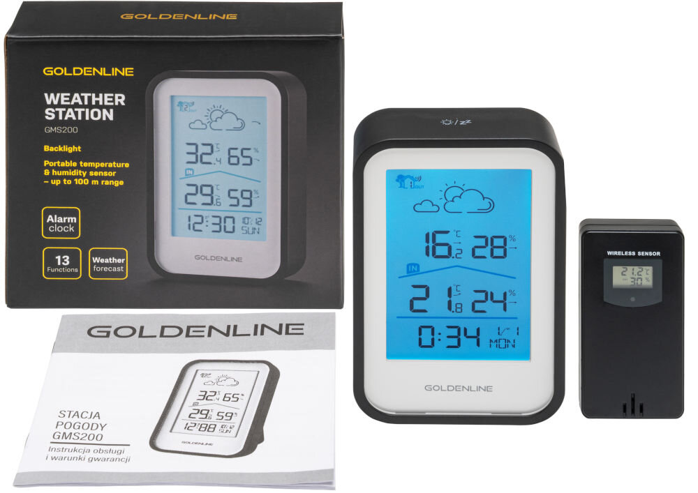 Stacja pogody GOLDENLINE GMS200 elementy zestawu opakowanie stacja czujnik zewnętrzny instrukcja obsługi