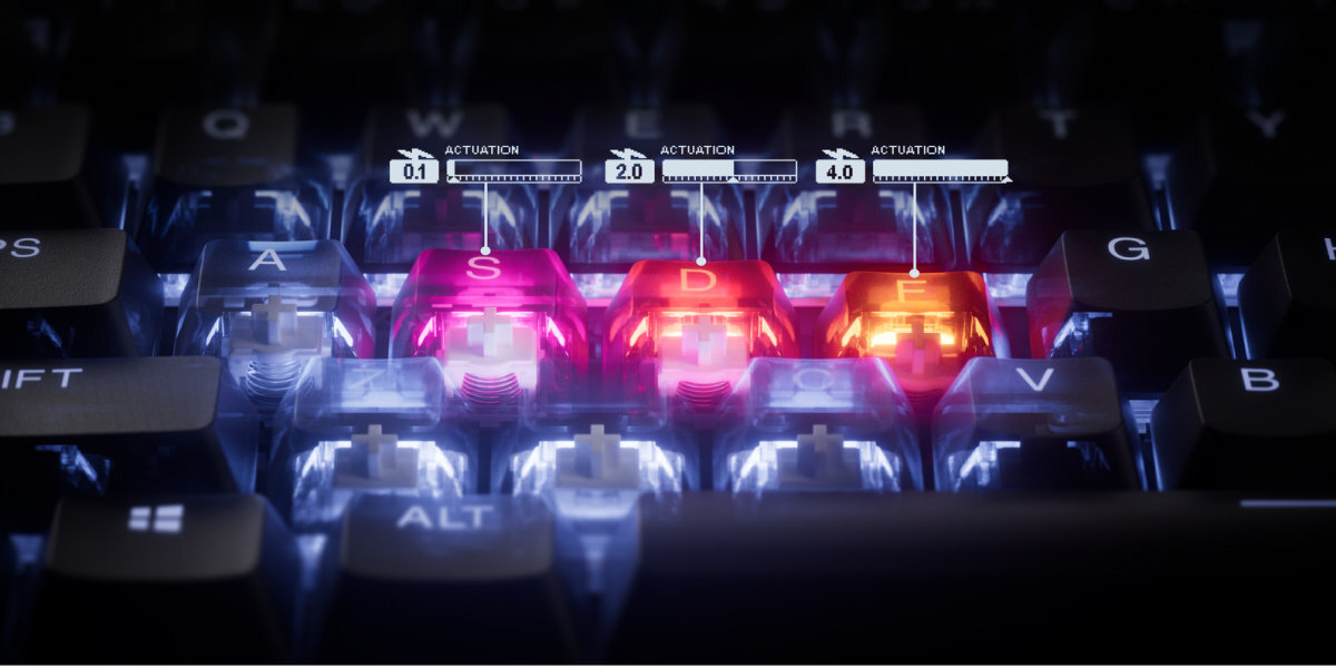 Klawiatura STEELSERIES Apex Pro Gen 3 Przełączniki Zjawisko Halla szybkość i precyzję 0,1 mm do 4,0 mm OmniPoint 3.0 Rapid Trigger, Protection Mode, Rapid Tap i GG QuickSet czułemu działaniu grach codziennych zadaniach siły nacisku