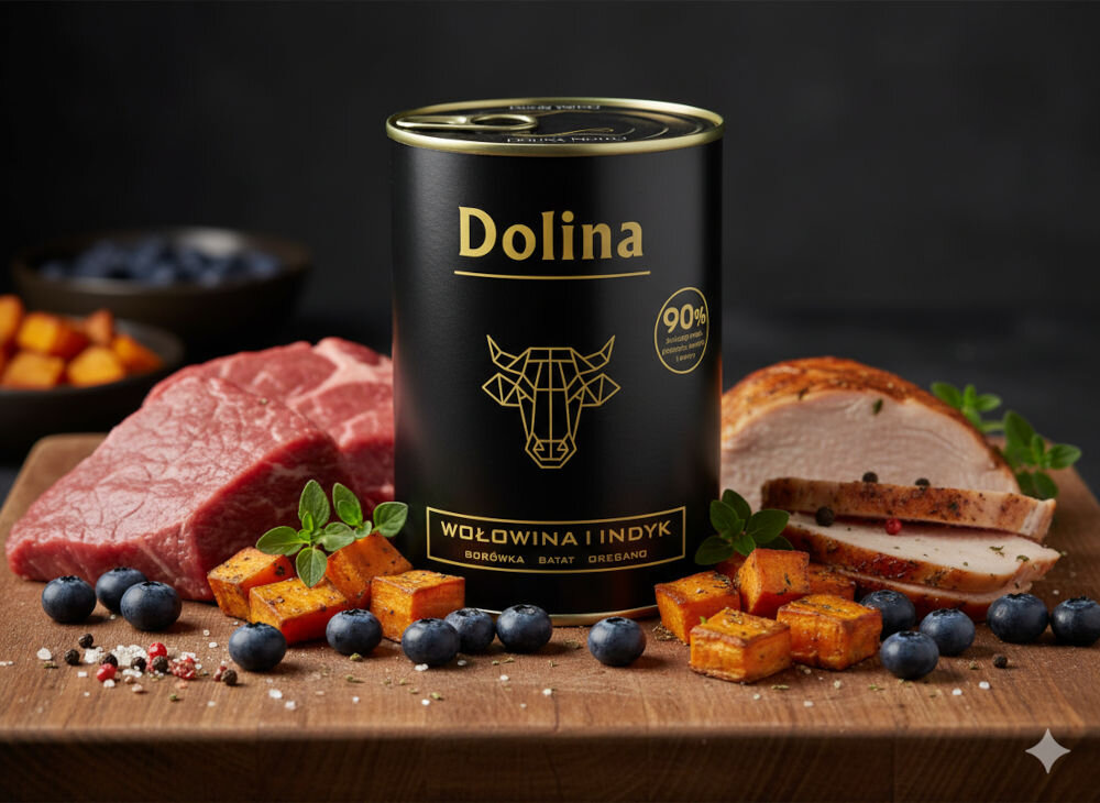 Karma dla psa DOLINA NOTECI z wołowiną i indykiem 400 g Puszka karmy dla psa Dolina Wołowina i Indyk na drewnianym blacie w otoczeniu surowego mięsa, kawałków batatów, borówek i świeżego oregano.