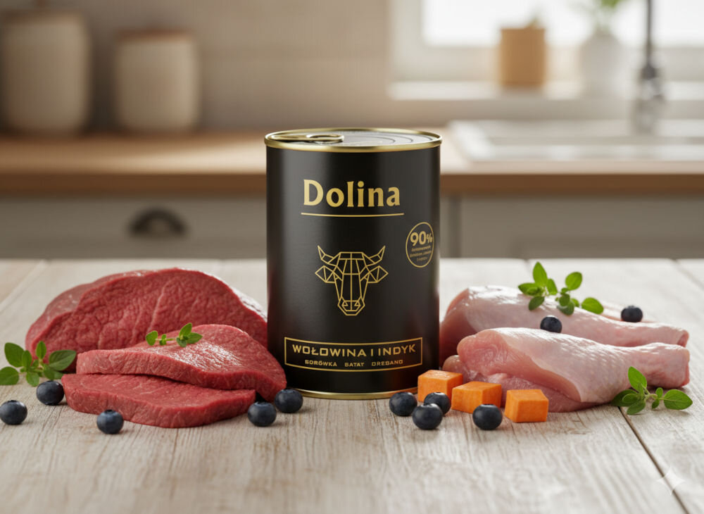 Karma dla psa DOLINA NOTECI z wołowiną i indykiem 400 g Czarna puszka karmy Dolina Wołowina i Indyk ustawiona na jasnym stole obok świeżych składników: płatów wołowiny, fileta z indyka, borówek i kostek batata.