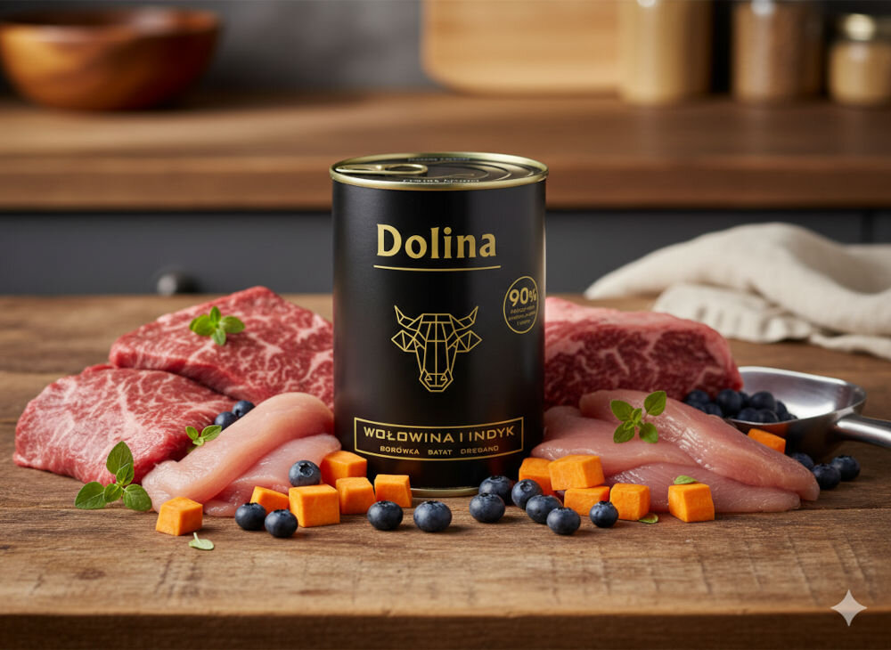 Karma dla psa DOLINA NOTECI z wołowiną i indykiem 400 g Karma mokra dla psa Dolina w puszce, wyeksponowana na drewnianym blacie kuchennym wśród surowych składników: marmurkowatej wołowiny, drobiu, borówek i batatów.