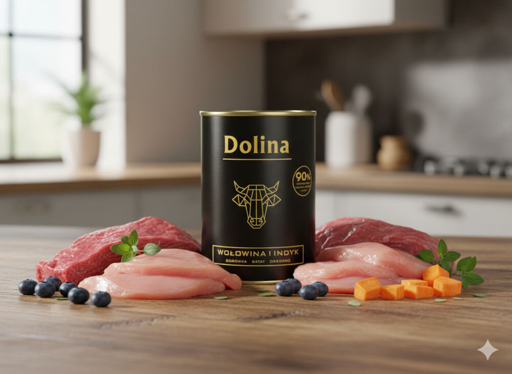 Karma dla psa DOLINA NOTECI z wołowiną i indykiem 400 g Puszka karmy dla psa Dolina Wołowina i Indyk na rozmytym tle kuchni, otoczona świeżym mięsem wołowym i drobiowym, borówkami oraz pokrojonymi batatami.