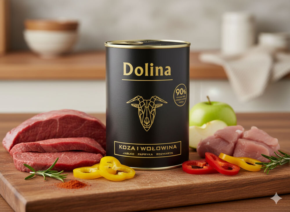 Karma dla psa DOLINA NOTECI Dolina z kozą i wołowiną 400 g Puszka karmy dla psa Dolina Koza i wołowina na drewnianej desce obok świeżego mięsa, kawałków jabłka, papryki i gałązki rozmarynu.