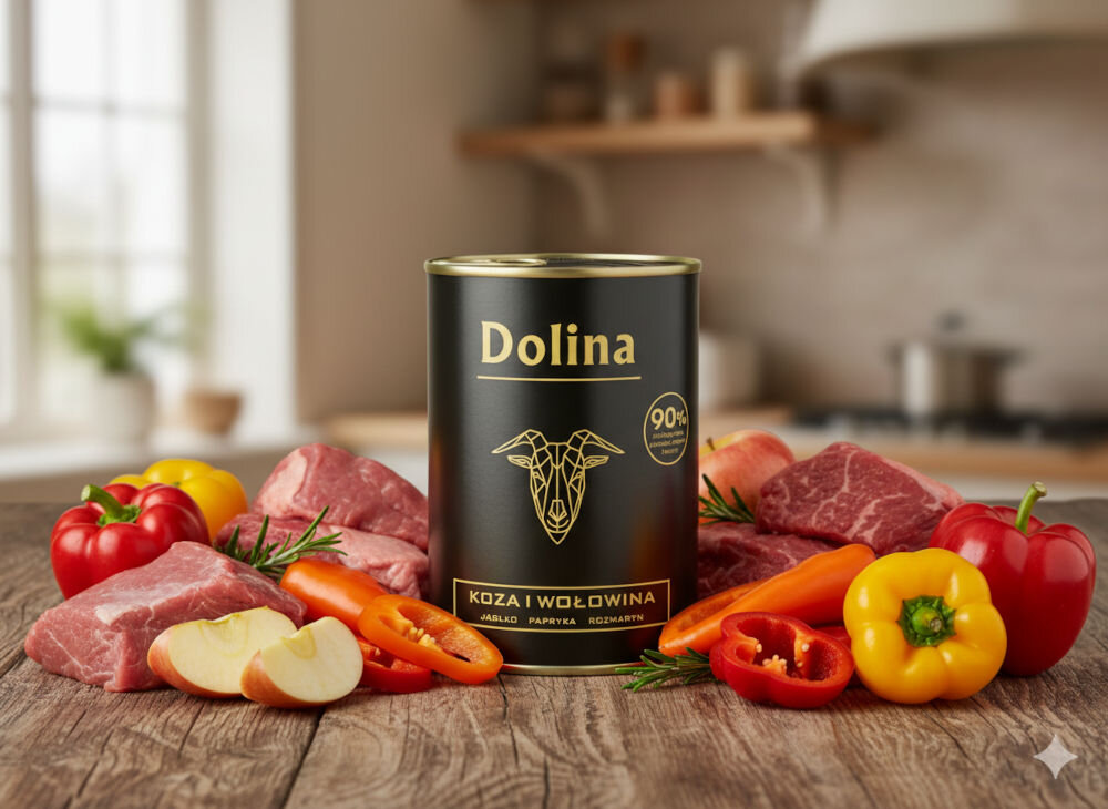 Karma dla psa DOLINA NOTECI Dolina z kozą i wołowiną 400 g Karma mokra Dolina Koza i wołowina w czarnej puszce, otoczona kolorową papryką, jabłkami i surowym mięsem na blacie w jasnej kuchni.