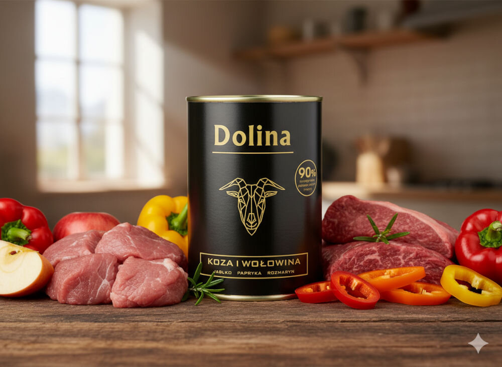 Karma dla psa DOLINA NOTECI Dolina z kozą i wołowiną 400 g Czarna puszka karmy Dolina o smaku kozy z wołowiną ustawiona na drewnianym stole wśród naturalnych składników: mięsa, papryki i jabłek.