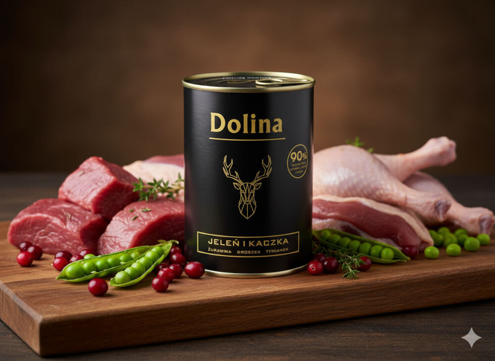 Karma dla psa DOLINA NOTECI Dolina z jeleniem i kaczką 400 g Puszka karmy dla psa Dolina Jeleń i kaczka na drewnianej desce obok surowego mięsa, żurawiny, groszku i tymianku.