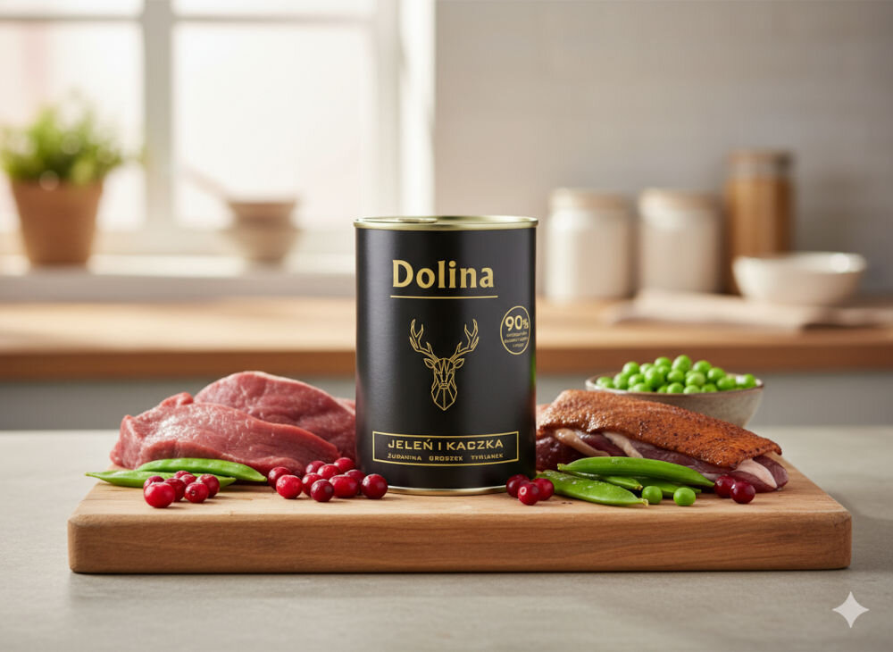 Karma dla psa DOLINA NOTECI Dolina z jeleniem i kaczką 400 g Karma dla psa Dolina Jeleń i kaczka w czarnej puszce ustawiona na desce w jasnej kuchni wśród świeżych składników.