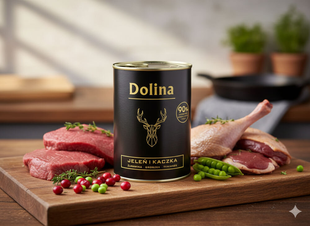 Karma dla psa DOLINA NOTECI Dolina z jeleniem i kaczką 400 g Czarna puszka karmy Dolina o smaku jelenia z kaczką na tle surowych filetów mięsnych, strączków groszku i owoców żurawiny.