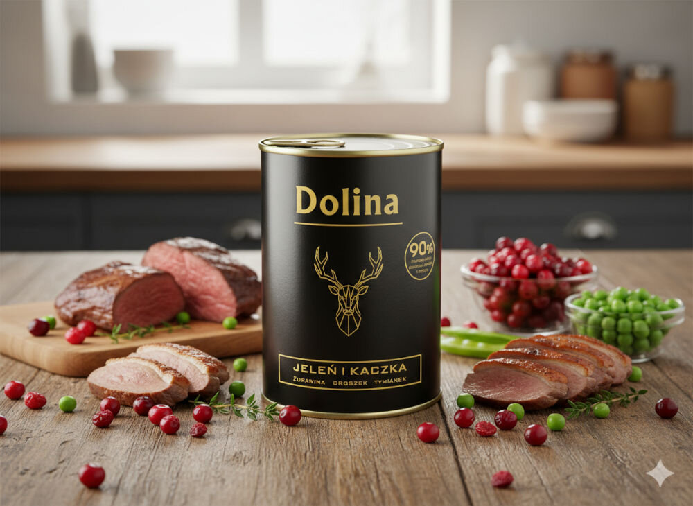Karma dla psa DOLINA NOTECI Dolina z jeleniem i kaczką 400 g Puszka karmy Dolina Jeleń i kaczka na drewnianym stole obok pokrojonego, pieczonego mięsa, miseczek z żurawiną i zielonym groszkiem.