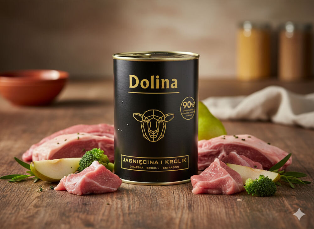 Karma dla psa DOLINA NOTECI Dolina z jagnięciną i królikiem 400 g Puszka mokrej karmy Dolina o smaku jagnięciny z królikiem otoczona kawałkami świeżego mięsa, różyczkami brokuła i cząstkami gruszki na drewnianym blacie.