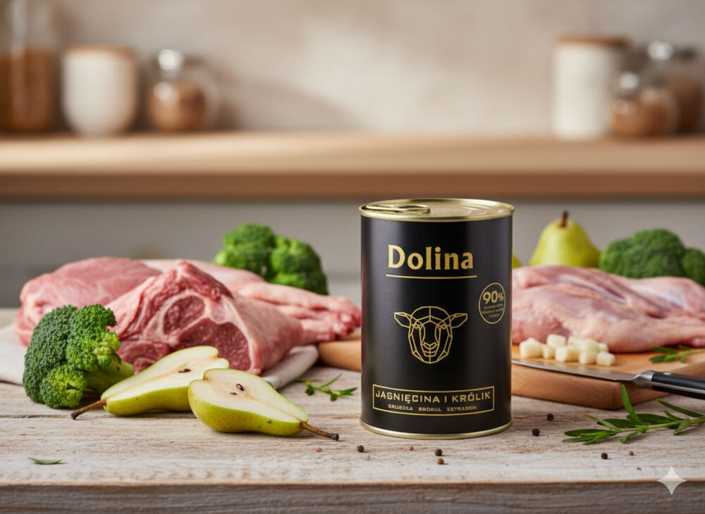 Karma dla psa DOLINA NOTECI Dolina z jagnięciną i królikiem 400 g Karma dla psa Dolina Jagnięcina i Królik w puszce stojąca na blacie obok świeżych składników: jagnięciny, królika, gruszek oraz zielonych brokułów.