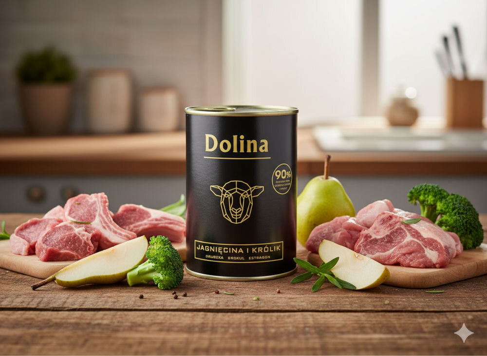 Karma dla psa DOLINA NOTECI Dolina z jagnięciną i królikiem 400 g Puszka karmy Dolina z grafiką głowy barana, zaprezentowana na tle surowych porcji mięsa, brokułów i kawałków gruszki w przytulnej aranżacji kuchennej.