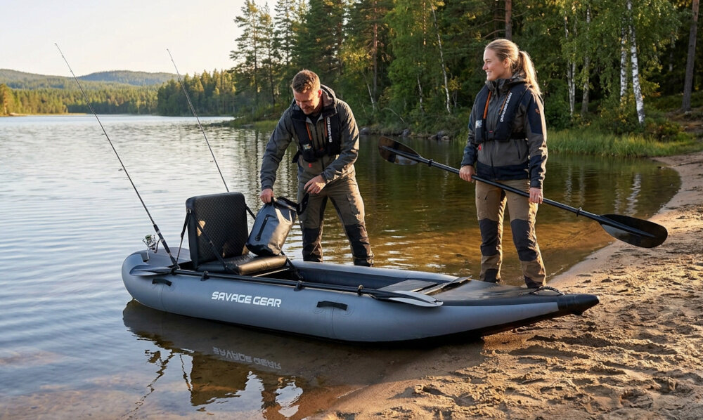 Kajak SAVAGE GEAR High Rider Kayak dwie osoby i kajak przy akwenie wodnym Przemyślany kadłub pewne prowadzenie Konstrukcja sit-on-top sprzyja wysokiej stabilności
