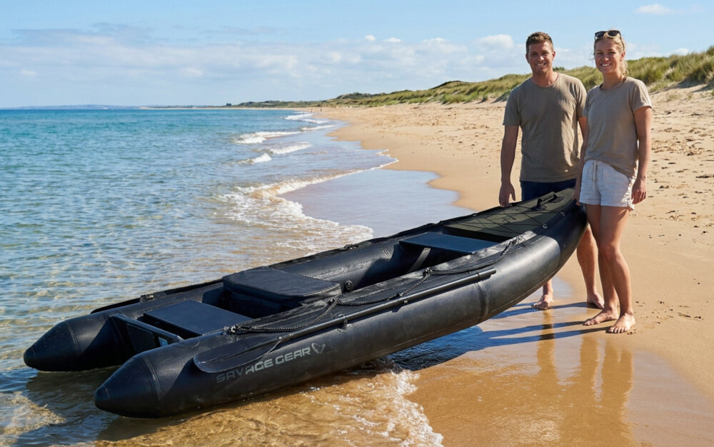 Kajak SAVAGE GEAR E-Rider 330 Carbon Optix Kayak akwen wodny dwie osoby stoją na plaży kajak przed nimi swoboda wędkarstwo