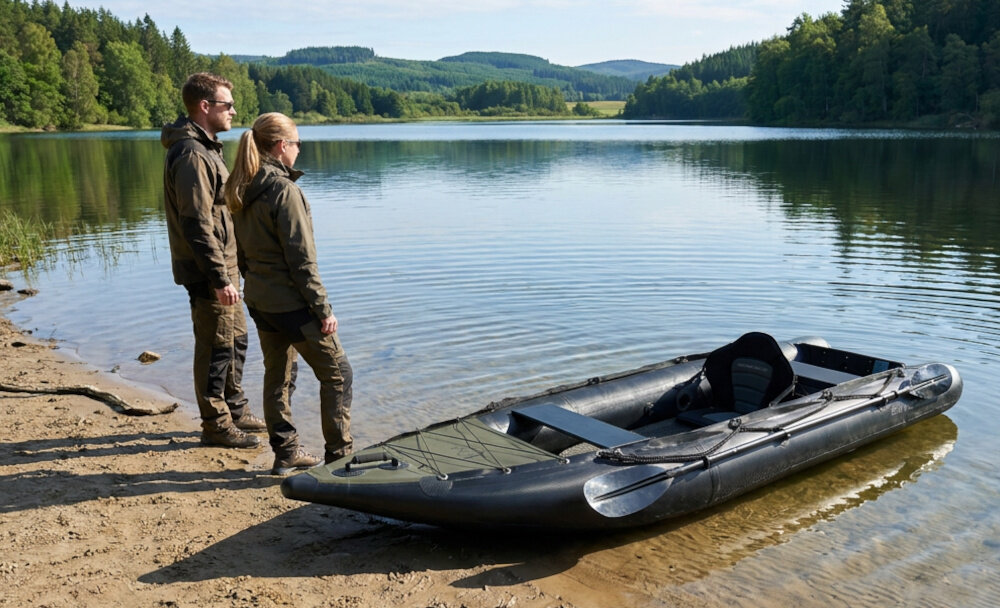 Kajak SAVAGE GEAR E-Rider 330 Carbon Optix Kayak dwie osoby stoją nad brzegiem jeziora kajak na plaży las woda montażu napędu elektrycznego może ograniczyć konieczność ciągłego wiosłowania swobodę planowania trasy możliwość wygodniejszego docierania do odleglejszych miejsc połowu pompka wiosło zestaw naprawczy