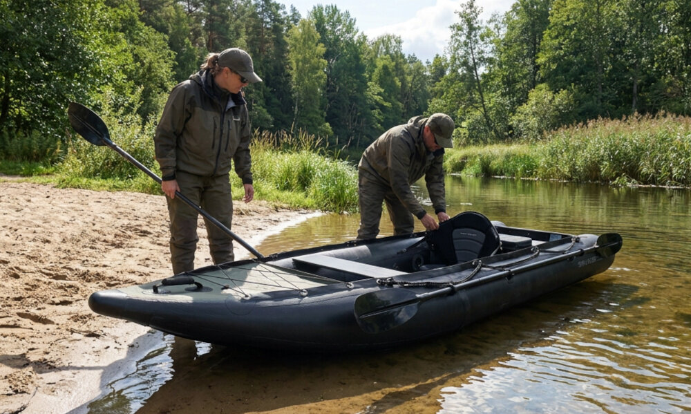Kajak SAVAGE GEAR E-Rider 330 Carbon Optix Kayak dwie osoby stoją nad brzegiem jeziora kajak na plaży las woda Wykonanie z PVC do użytkowania w warunkach wodnych materiałowa konstrukcja Wytrzymała powierzchnia konstrukcję przygotowaną do regularnego korzystania z jednostki około 26,2 kg