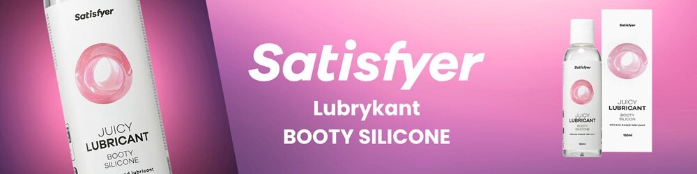 Obraz przedstawia opakowanie produktu z napisem \'Satisfyer JUICY LUBRICANT BOOTY SILICONE\' na tle w odcieniach różu. Widoczne są butelka i pudełko z logo Satisfyer oraz grafiką okręgu.