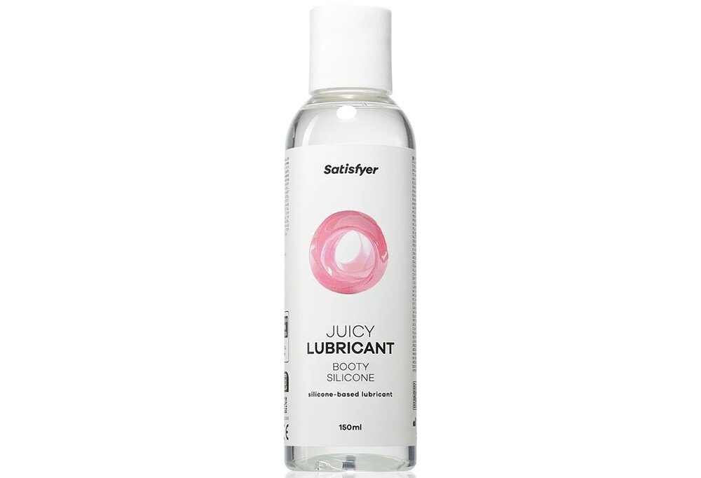Butelka żelu intymnego z napisem \'Satisfyer JUICY LUBRICANT BOOTY SILICONE silicone-based lubricant 150 ml\'. Na etykiecie widoczny jest różowy okrągły wzór.