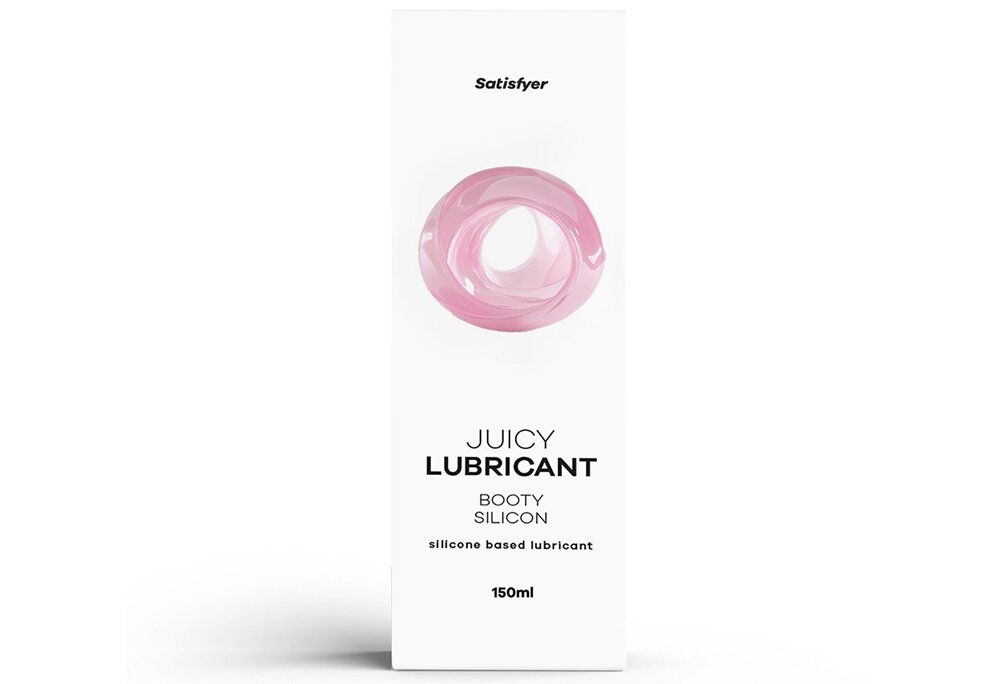 Białe opakowanie z różowym, okrągłym wzorem na środku. Tekst na opakowaniu: \'Satisfyer\', \'JUICY LUBRICANT\', \'BOOTY SILICON\', \'silicone based lubricant\', \'150 ml\'.