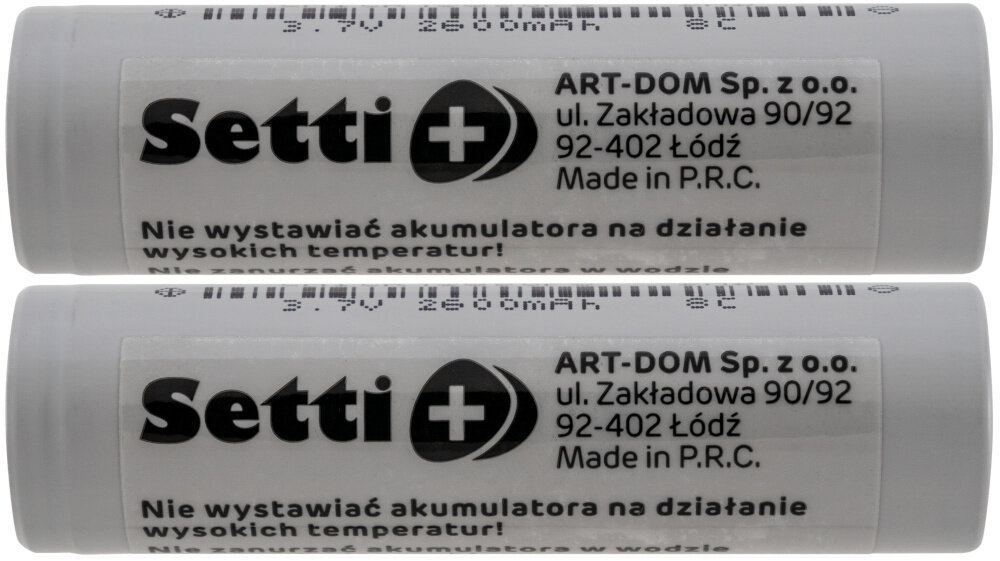 Akumulatorki Li-Ion 18650 2600 mAh SETTI+ (2 sztuki) akumulatorki na białym tle widoczne w poziomie akumulatory litowo-jonowe 3,7 V format 18650